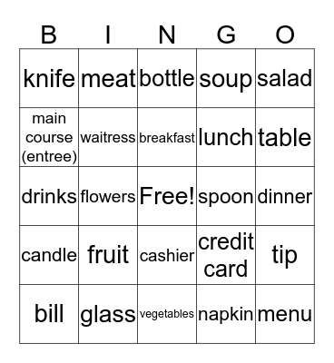 Restaurant Bingo Card