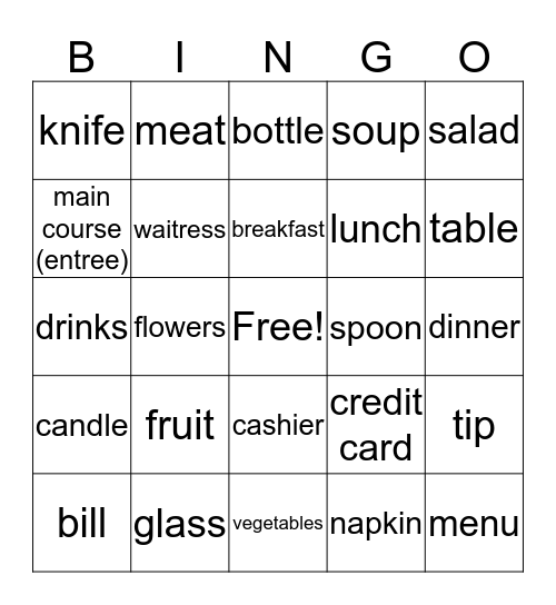 Restaurant Bingo Card