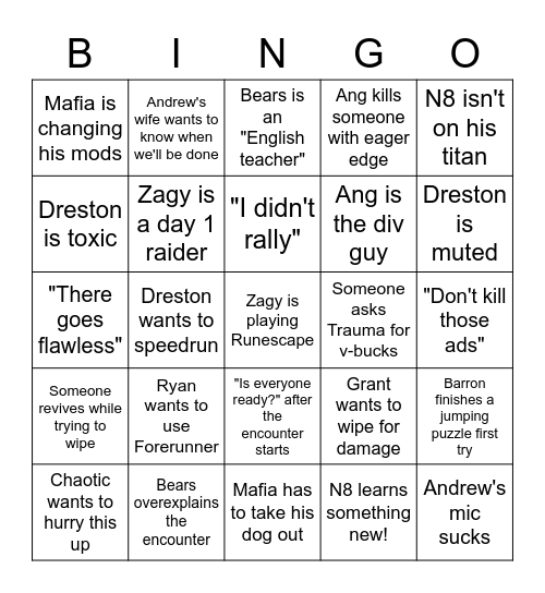 Destiny 2 Raid Bingo w/ Clan Grey Light Bingo Card