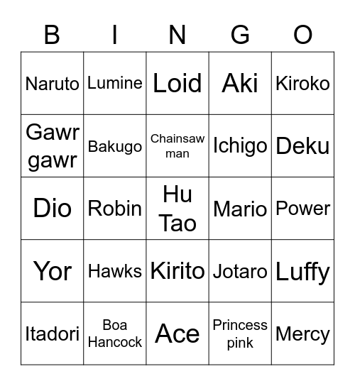 Cosplay bingo Card