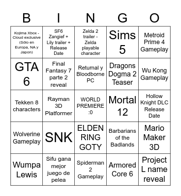 Game Awards 2022 Bingo Card