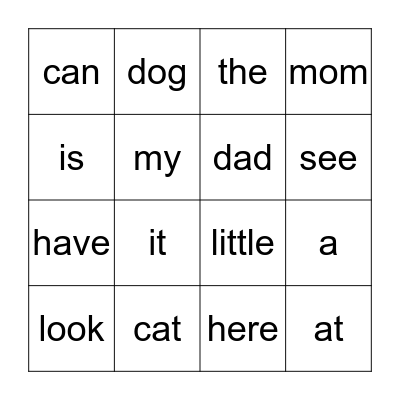Sight Word Bingo Card
