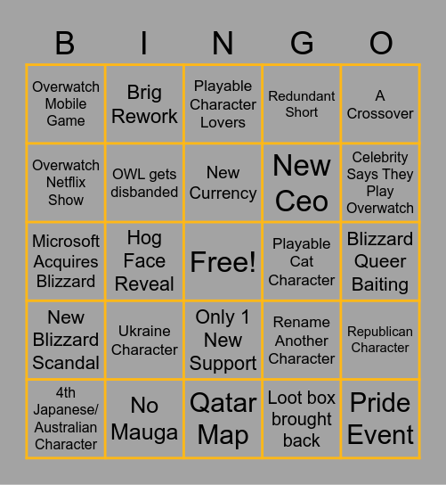 Overwatch 2023 Bingo Board Bingo Card