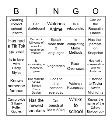 Get to know your 12 Biology class! Bingo Card