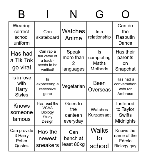 Get to know your 12 Biology class! Bingo Card