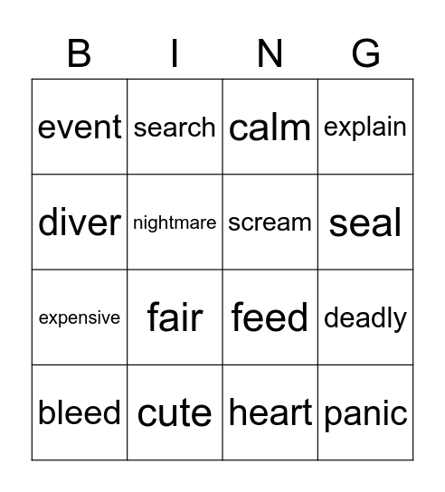 Vocabulary Unit 4 Bingo Card