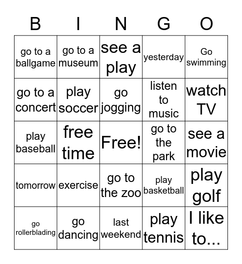Recreation and Entertainment Bingo Card