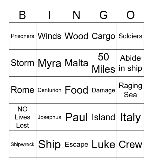 Paul's Shipwreck Bingo Card