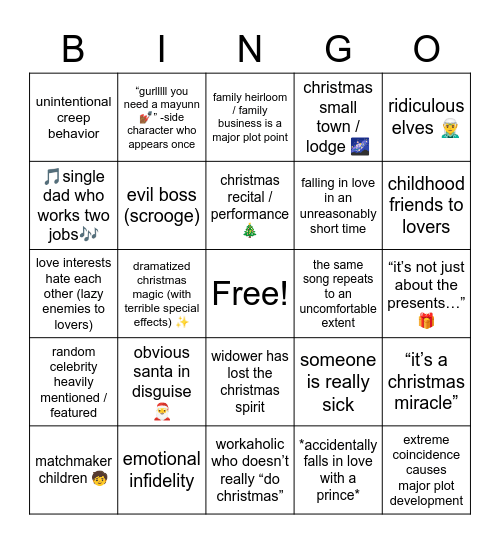 Hallmark Movie Bingo Card