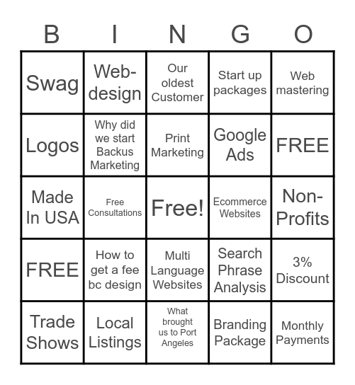 Backus Marketing & Design Bingo Card