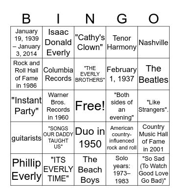 EVERLY BROTHERS Bingo Card