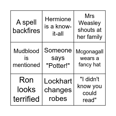 Chamber of Secrets Bingo Card