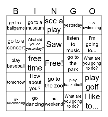 Recreation and Entertainment Bingo Card