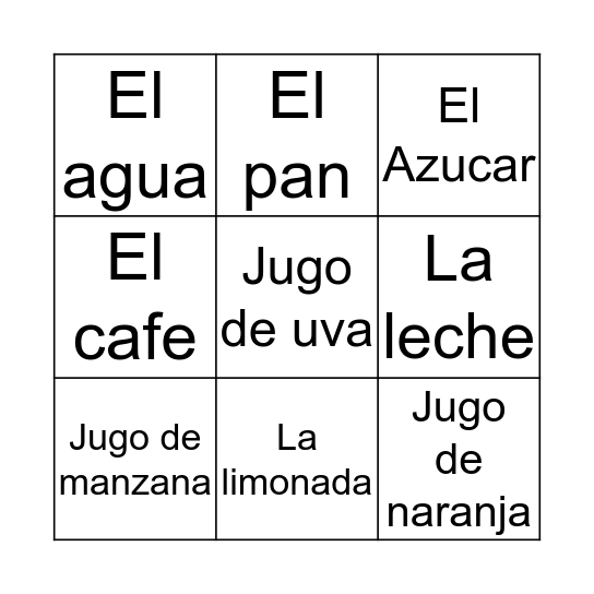 La comida Bingo Card