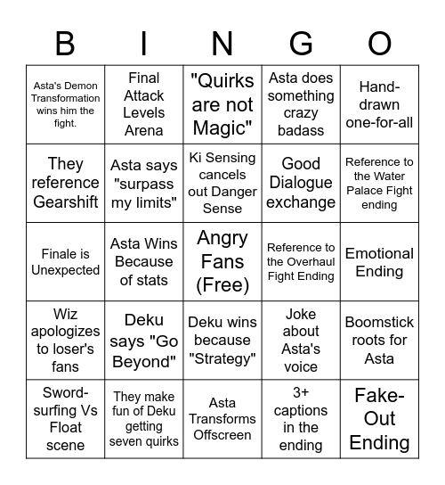 Deku Vs Asta Bingo Card