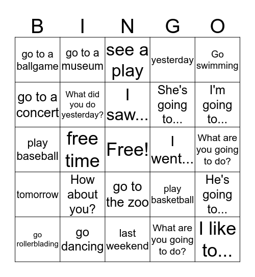 Recreation and Entertainment Bingo Card