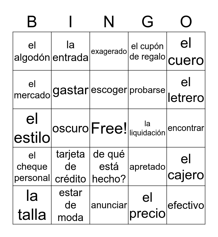 Realidades 2 Capitulo 2b Vocabulario Bingo Card