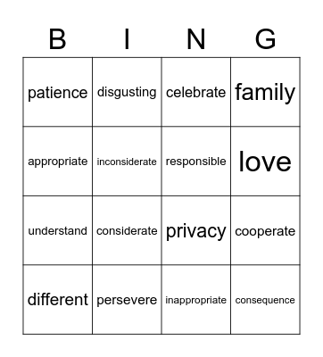 Big Word Bingo Card
