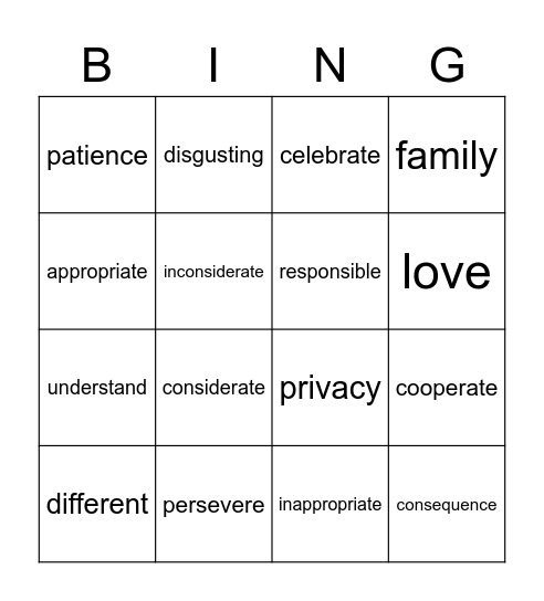 Big Word Bingo Card