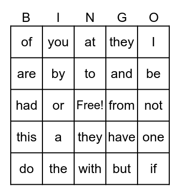 Heart Word Bingo Card