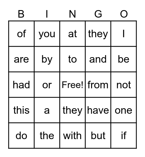 Heart Word Bingo Card