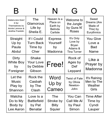 Music Bingo - 80's Hits Bingo Card