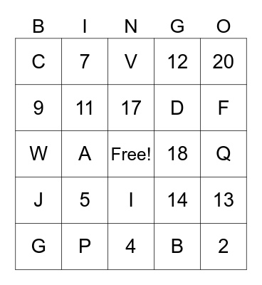 Numbers & Letters Bingo Card