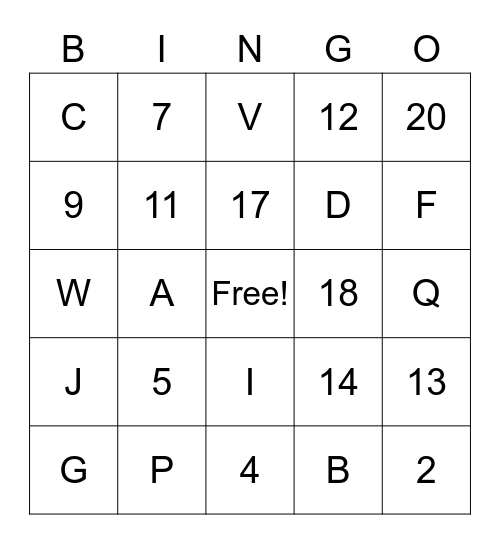 Numbers & Letters Bingo Card