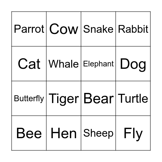 Animals Bingo Card