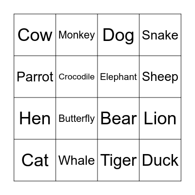 Animals Bingo Card