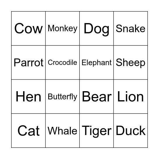 Animals Bingo Card