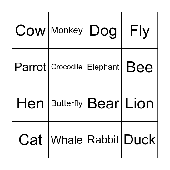 Animals Bingo Card