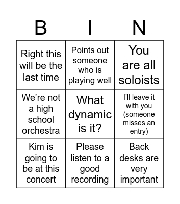 Final Rehearsal Bill Bingo Card