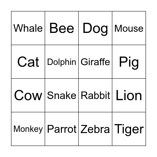 Animals Bingo Card