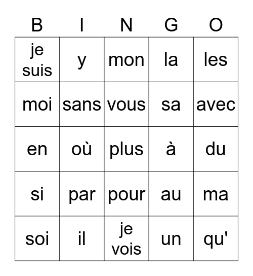 Bingo des mots fréquents Bingo Card