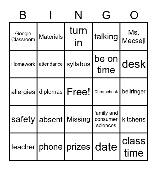 Syllabus Bingo Card