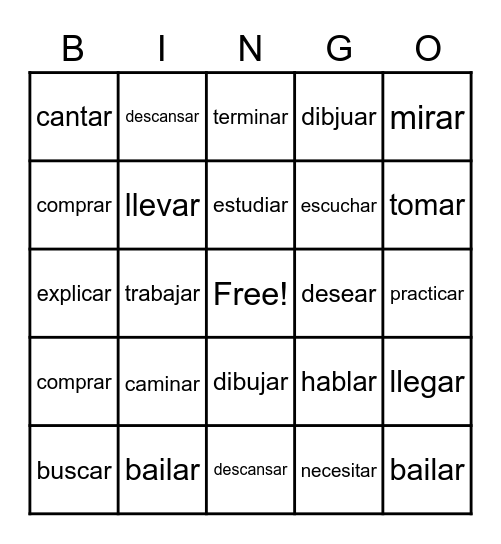 -AR Spanish Verbs Bingo Card