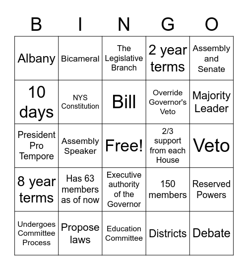 Legislative Branch NYS Bingo Card