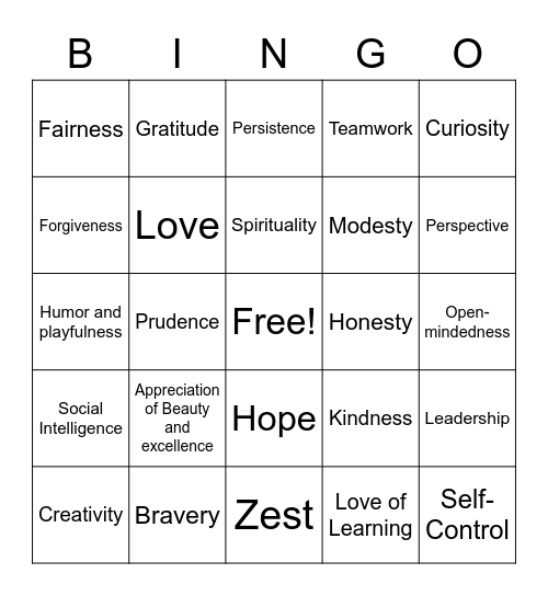 Character Strengths PEEC Bingo Card