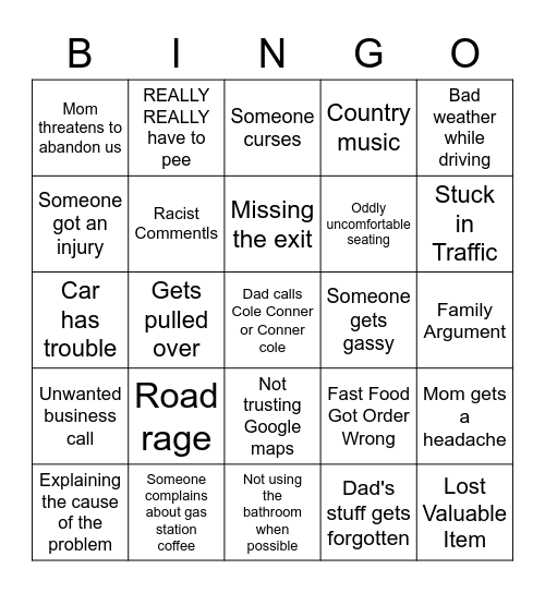 Nightmare Roadtrip Bingo Card