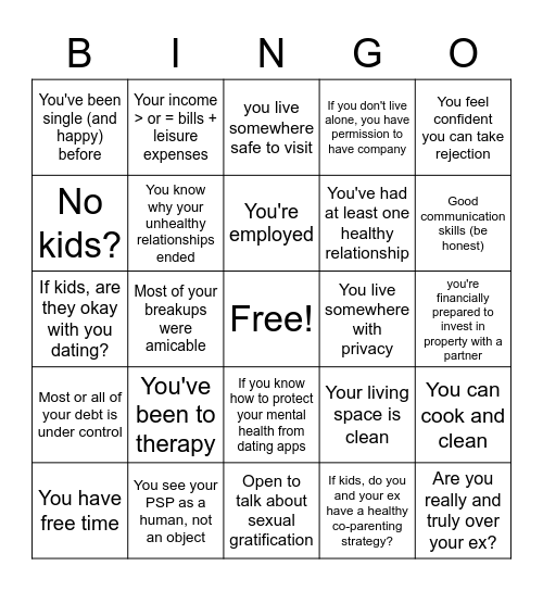 Healthy Dating Bingo Card