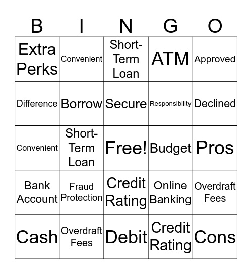 Cash and Credit Bingo Card