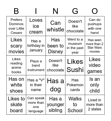 Middle School BINGO: Find someone who... Bingo Card