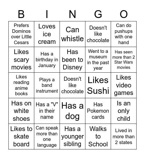 Middle School BINGO: Find someone who... Bingo Card