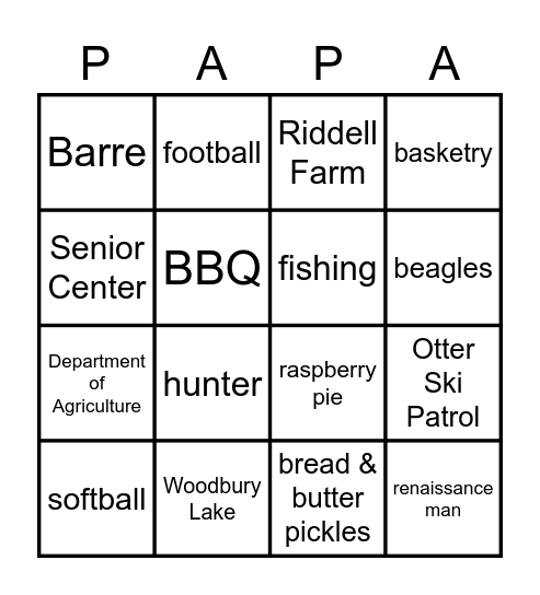 Papa's 90th Birthday Bingo Card