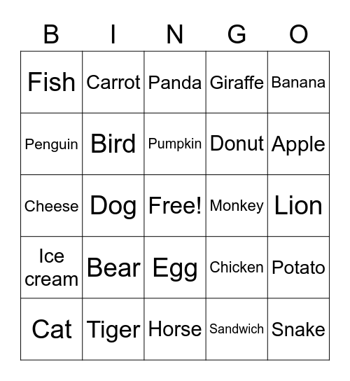 Animals Bingo Card