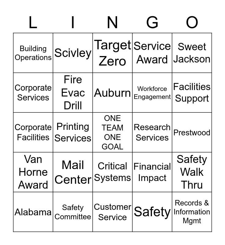 GENERAL SERVICES Bingo Card