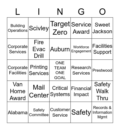 GENERAL SERVICES Bingo Card