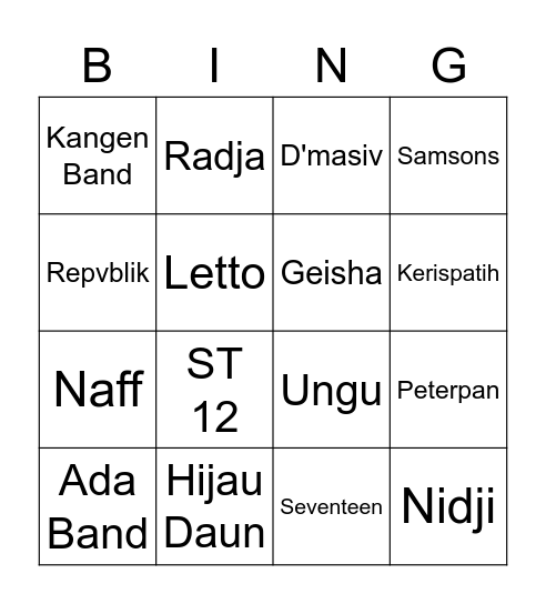 Band Indonesia Bingo Card