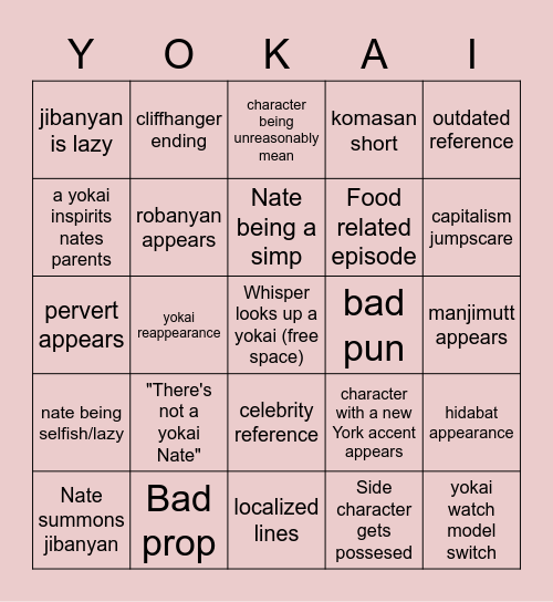 yokai watch bingo Card